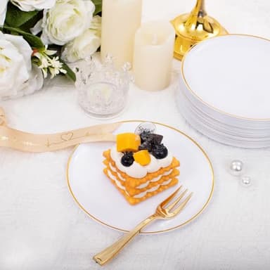 Festiva 200Pcs Gold Dessert Plates 6.3" with Forks 5"- Small Disposable Dessert/Cake/Appetizer Plates Plates- serve 100 guests include 100Plates 100Forks for Wedding Party&Thanksgiving&Birthday - Image 8