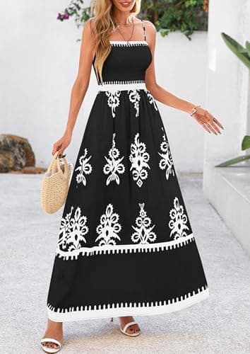 PRETTYGARDEN Summer Dress for Women 2025 Floral Sundress Spaghetti Strap Flowy Beach Vacation Boho Maxi Dresses (Black White Floral,Large) - Image 8