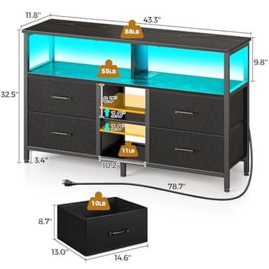 Rolanstar TV Stand with Power Outlets and LED Light, 4 Fabric Drawers Entertainment Center for 32/45/55 inch TVs, Media Console with Storage for Living Room or Bedroom, Black - Image 3