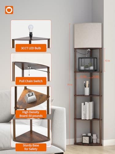 addlon Floor Lamp with Shelves, 5-Tier Adjustable Corner Lamp with 3 Color Temperatures & Linen Shade,Modern Floor Lamps for Living Room, Home Office & Bedroom (E26 LED Bulb Included, 800lm) - Brown - Image 4