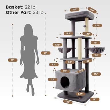Gardner Pet 65in Heavy Duty Cat Tree Tower for Large Cats, Multi-Level Cat Furniture with Replaceable Sisal Scratching Post, Hammock | Extra-Large Platform & Condo (Grey) - Image 3