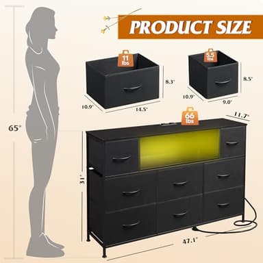 WLIVE Black TV Stand for 45, 50, 55 inch TV, Entertainment Center with LED Lights & Charging Station, TV Media Console Table with 8 Fabric Drawers and Open Shelves for Living Room, Hallway, Wood Top - Image 3