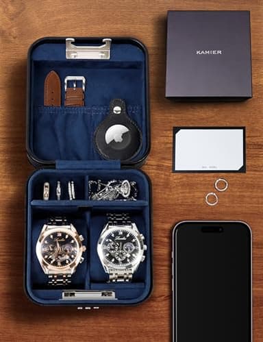 KAMIER Watch Travel Case with Combination Lock - 2 Watch Storage and Jewelry Organizer - Watch Case for Ring and Watch Storage, PU Leather Travel Watch Case, Ideal for Gift (With Gift Box) (Black) - Image 6