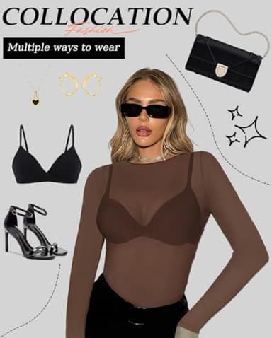 Women's Metallic Tops Long Sleeve See Through Blouse Casual Loose Sheer T Shirts for Party(Brown,L) - Image 2