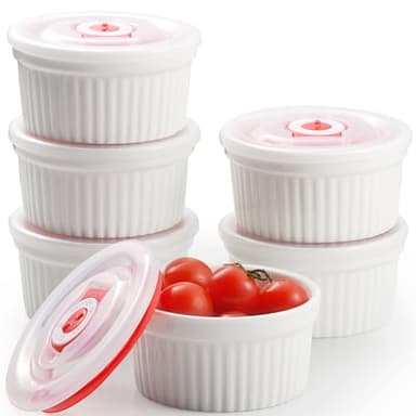 Dafuceramic Ramekins with Lids 8 oz White Creme Brulee Ramekins Ceramic Oven Safe Pudding Cups, Set of 6 Porcelain Custard for Baking Dishwasher and Microwave safe - Image 1