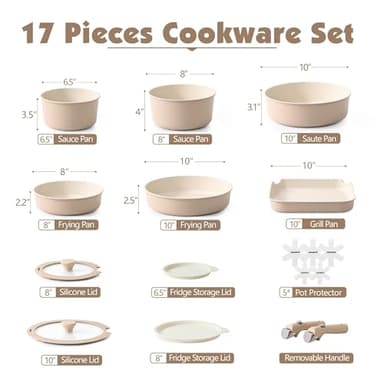 SENSARTE 17 Piece Ceramic Pots and Pans Set, Nonstick Detachable Handle Cookware, Induction Kitchen Cookware Set with Removable Handle, Dishwasher ＆ Oven Safe (Almond Beige) - Image 2