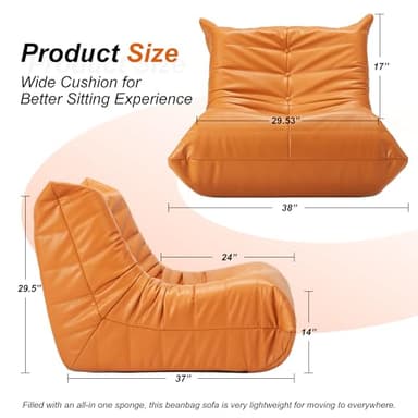 Hobestluk Bean Bag Chair Giant Bean Bag Sofa Memory Foam Bean Bag Couches for Adults, Leather Bean Bag Chairs for Living Room Bedroom Dorm Office (Orange) - Image 2