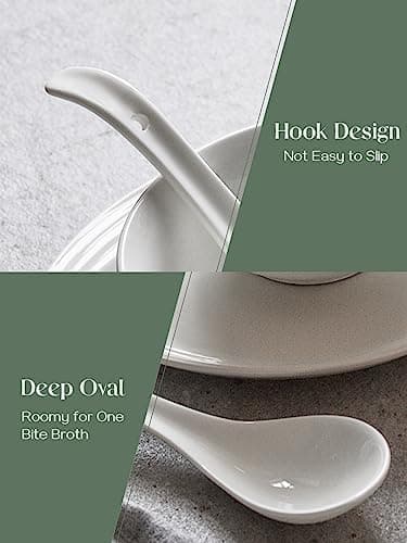 DOWAN Soup Spoons, Ceramic Asian Soup Spoons, White Japanese Spoon Large for Ramen Pho Wonton Dumpling Miso, Deep Oval Hook Design, Set of 4 (4, Soft white) - Image 6