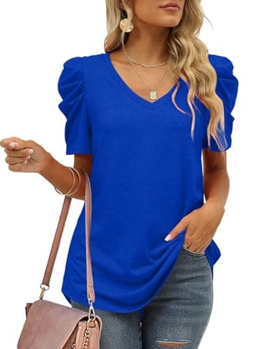 Plus Size Tops for Women Summer Blouse V Neck Short Sleeve T Shirts Puff Sleeve Royal Blue 2XL - Image 2