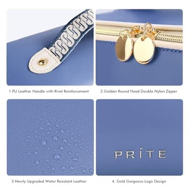 Prite Makeup Bag for Women Travel Waterproof Vegan Leather Cosmetic Bag Open Flat Toiletry Bag With Clear Divider and Handle (Blue) - Image 5