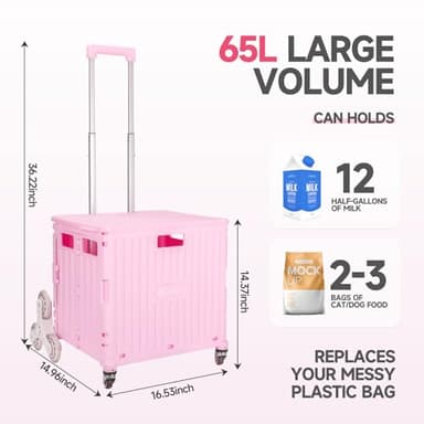 Foldable Rolling Cart for Stair Climbing: Rolling Crate for Grocery File Office Book (Pink) - Image 3