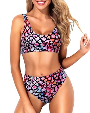 Tempt Me Women Colorful Leopard Two Piece Scoop Neck Bikini Crop Top Swimsuit Sporty High Waisted Bathing Suit L - Image 1