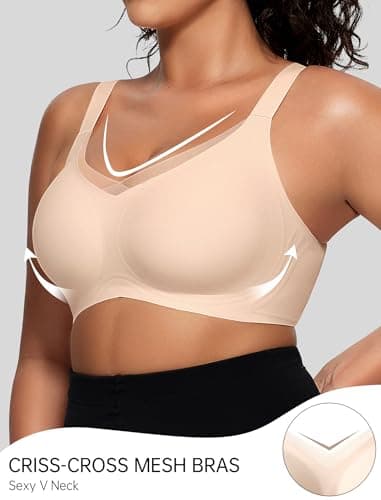 OEAK Womens Wireless Bras V Mesh Comfortable Bralette Supportive Tshirt Bra No Underwire Seamless Push Up Everyday Bras Nude L - Image 2