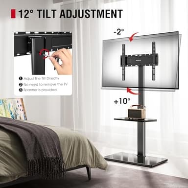 AOKCOS Floor TV Stand with 60-Degree Swivel, TV Floor Stand for 32-65 inch TVs up to 88lbs with Tilt, 8 Level Height Adjustable Tall TV Mount Stand with Shelf, Tempered Glass Base, MAX VESA 400x400mm - Image 2