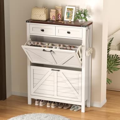 OLILAWN Entryway Shoe Storage, Shoe Storage Cabine with 2 Flip Drawers and 2 Drawers, Shoe Cabinet with Drawer, for Entryway Freestanding Shoes Organizer Cabinet, Slim Shoe Cabinet White - Image 1