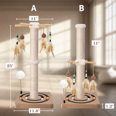 Cat Scratching Post, Sisal, Interactive Furniture Toys for Indoor Cats Adults, 2 Mounting Methods Scratcher Tree Tower with Hanging and Ball Track, Activity Center for Kitten, 25 inches - Image 5