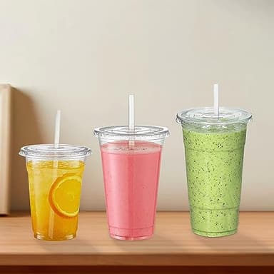 TashiBox 100 sets 24 oz plastic cups with flat lids and straws, smoothie cups with lids and straws, meal prep plastic large cup, clear crystal disposable iced coffee cup with lids - Image 3