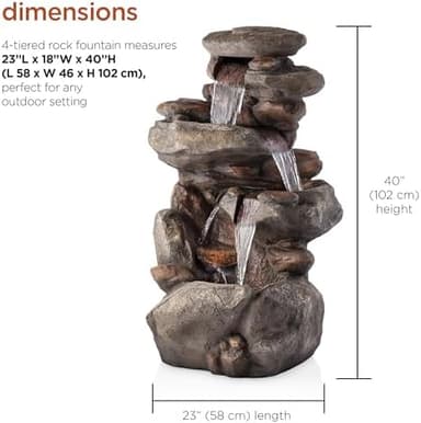 Alpine Corporation WIN316 40" Floor Fountain – 4-Tiered Rock Water Feature with Cascading Streams & White LED Lights – Tranquil Outdoor Décor for Garden, Patio, Yard, Deck, or Porch, Light Gray - Image 5