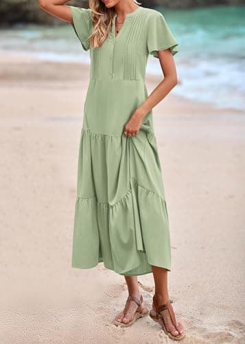 KIRUNDO Summer Maxi Dresses for Women 2025 Spring Fashion Short Sleeve Button V Neck Pleated Loose Tiered Swing Flowy Dress(Bean Green, X-Large) - Image 8