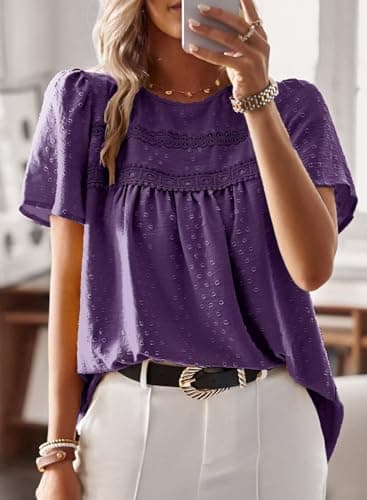 Falechay Boho Tops for Women Round Neck Tunic Tops for Women Loose Fit Dark Purple Shirts Pom Pom Swiss Dot Short Sleeve Summer Blouses Clothes L - Image 4