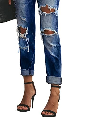 KUNMI Women's Ripped Mid Waisted Boyfriend Jeans Loose Fit Distressed Stretchy Denim Pants - Image 5