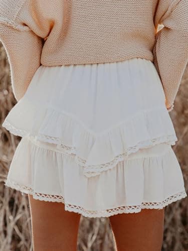 Aoudery Flowy Shorts for Women Casual Boho Ruffle Tiered Skorts High Waist Mini Skirts Golf Tennis Butterfly Crochet Shorts - A White S - Image 2
