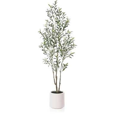 LOMANTO Artificial Olive Trees, 6 ft Tall Fake Olive Trees for Indoor, Faux Olive Silk Tree, Large Olive Plants with White Planter for Home Decor and Housewarming Gift, 1 Pack - Image 1
