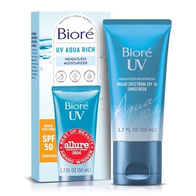 Bioré UV Aqua Rich Daily Hydrating Facial Moisturizer with SPF 50 | Oil Free Sunscreen & Primer for Makeup with Hyaluronic Acid, No White Cast, Non-Comedogenic, For Sensitive Skin, PA++++, 1.7 Oz - Image 1
