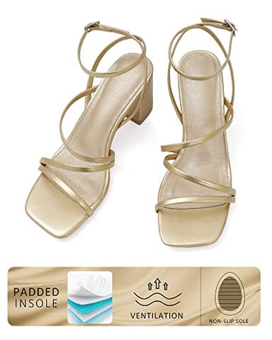 LACUONE Strappy Heels for women Block Heels Square Toe Chunky Ankle Buckle Pump Heeled Sandals (10,Gold) - Image 3