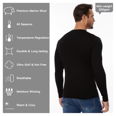 MERINNOVATION Merino Wool Base Layer-Mens 100% Merino Wool Long Sleeve Thermal Shirts for Hiking Hunting,lite,Midweight+Wool Accessory Included, Black 250 XL - Image 2