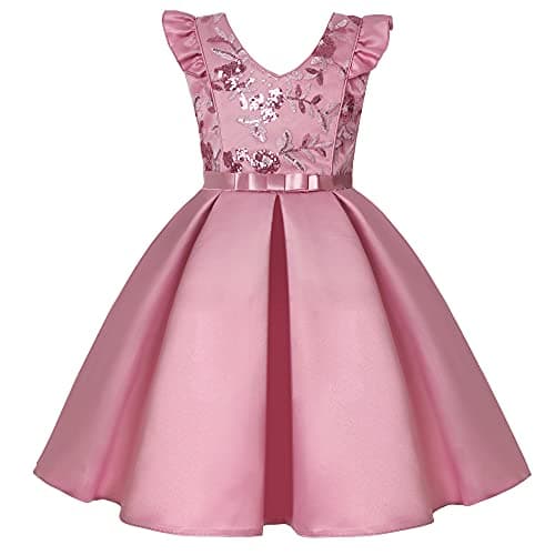 AIMJCHLD Teenages Girls Ball Gowns Flower Girl Dress Kids Children Country Party Formal Special Performance Dress Baptism Graduation Bowknot Party Dresses Size 8 9 Years (Bean Powder 150) - Image 1