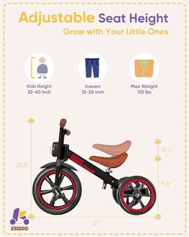 KRIDDO Kids Tricycle, 12 Inch Puncture Free Wheel w Front Light, Adjustable Seat Height, Gift for 2-5 Year Olds, Trike for Toddlers, Black - Image 5