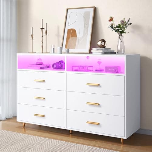 EnHomee White Dresser with LED Lights, 6 Drawers & 2 Open Shelves Top Dresser for Bedroom, Wood Chests of Drawers - Image 1