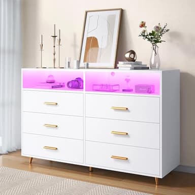 EnHomee White Dresser with LED Lights, 6 Drawers & 2 Open Shelves Top Dresser for Bedroom, Wood Chests of Drawers - Image 1