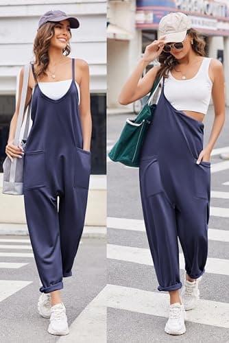 Ekouaer Womens Sleeveless Jumpsuit Loose Spaghetti Strap Baggy Overalls Jumpers Casual Long Pants Rompers with Pockets Navy Blue L - Image 3