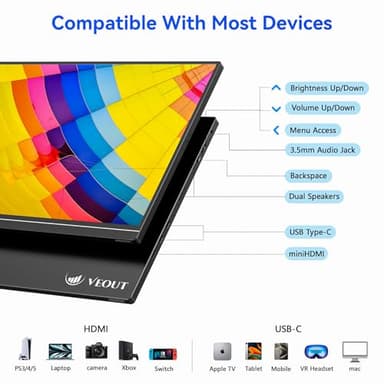 Veout 16" Portable Monitor, 1920 * 1200P IPS Laptop Monitor with USB-C, Freesync HDMI Gaming Monitor Featuring a Kickstand, Available in Four Colors, 0.3" Ultra-Slim for Travel and Office Use - Image 4