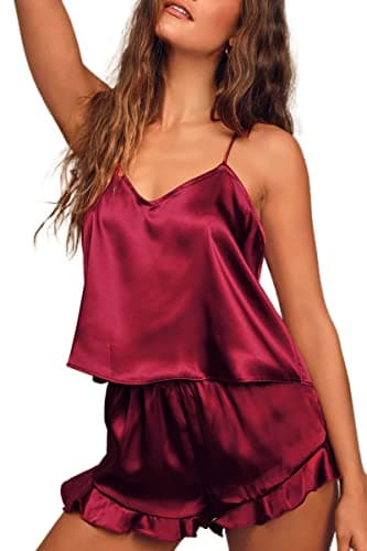 CHYRII Women's Sexy Silk Satin PJS Ruffle Cami Tops Shorts 2 PCS Pajamas Sets Nightwear Burgundy M - Image 5
