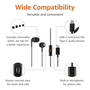 Amazon Basics Wired Earbuds with Microphone, In Ear Headphones, USB-C, 4.2 ft long cable, S/M/L Ear Tips, One size, Black - Image 2