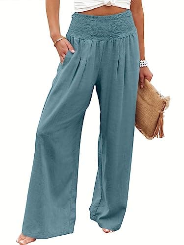 ANRABESS Women Linen Palazzo Pants Summer Boho Wide Leg High Waist Casual Lounge Pant 2025 Beach Travel Vacation Outfits Lake Medium - Image 1