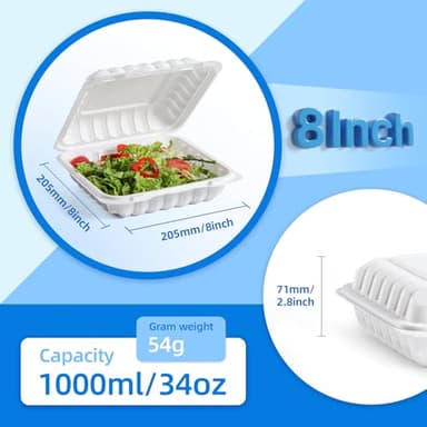 YANGRUI Food Containers 8 Inch 34 oz 55 Pack - Shrink Wrap BPA Free Mineral Filled PP Plastic Container | Reusable Freezer & Microwave Safe Meal Prep Takeout | White Heavy Duty Clamshell Lunch Boxes - Image 3
