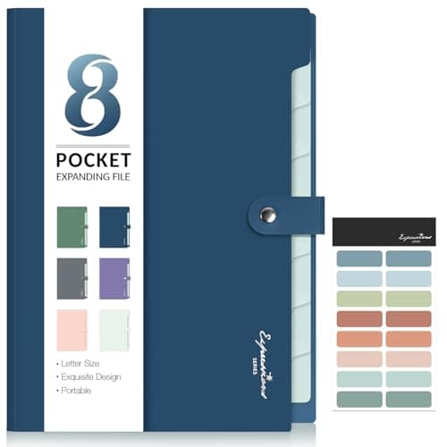 Sooez Elegant Accordion File Organizer with Labels, 8 Pocket Expanding File Folder, Portable Folders for Documents, Cute Paper Organizer for School Office Supplies, Letter Size, Blue - Image 1