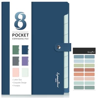 Sooez Elegant Accordion File Organizer with Labels, 8 Pocket Expanding File Folder, Portable Folders for Documents, Cute Paper Organizer for School Office Supplies, Letter Size, Blue - Image 1