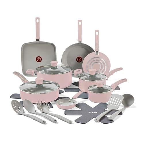 T-fal Refresh Ceramic Ceramic Non Stick Cookware Set 20 Piece Oven Broiler Safe 350F Dusty Rose - Image 1