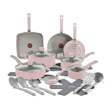 T-fal Refresh Ceramic Ceramic Non Stick Cookware Set 20 Piece Oven Broiler Safe 350F Dusty Rose - Image 1