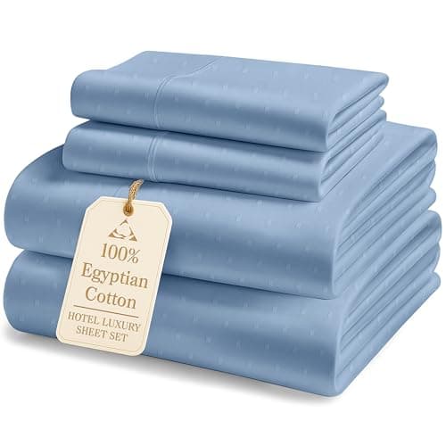 LANE LINEN 100% Egyptian Cotton Queen Sheet Set, Soft & Comfy Thick Fully Elasticized Mercerized Cotton Sheets Queen Size Set, No Pill Fade Resistant Elegant Jaquard Swiss Dot Queen Sheets-French Blue - Image 1
