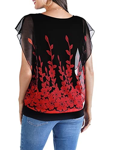 BAISHENGGT Women's Printed Flouncing Flared Short Sleeve Mesh Blouse Top X-Large Red Floral - Image 7