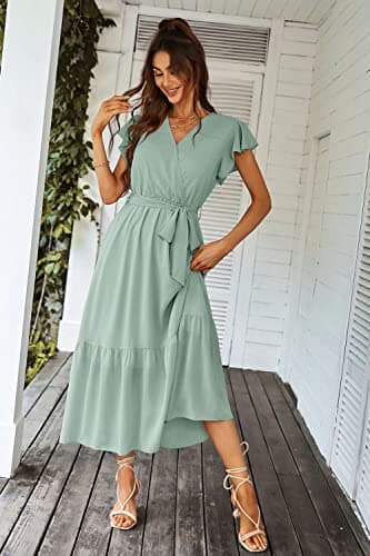 PRETTYGARDEN Women's Summer Floral Boho Dress Wrap V Neck Short Sleeve Ruffle A-Line Flowy Maxi Wedding Guest Dresses (Solid Green,Large) - Image 4
