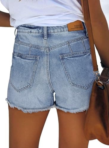 ZOLUCKY Women Mid Rise Ripped Stretchy Jeans Shorts Frayed Raw Hem Casual Denim Shorts Light Blue L - Image 4