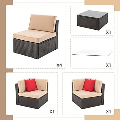 Shintenchi 7 Pieces Patio Furniture Sets Outdoor All-Weather Sectional Patio Sofa Set PE Rattan Manual Weaving Wicker Patio Conversation Set with Glass Table&Ottoman Cushion and Red Pillows, Beige - Image 5