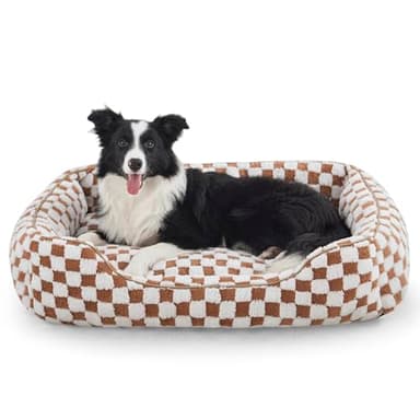 JOEJOY Dog Bed for Large Medium Small Dogs - Rectangle Orthopedic Dog Sofa Bed, Cute Modern Puppy Bed with Jacquard Shaggy Plush & Anti Slip Bottom, 35x25x10inches, Brown - Image 1